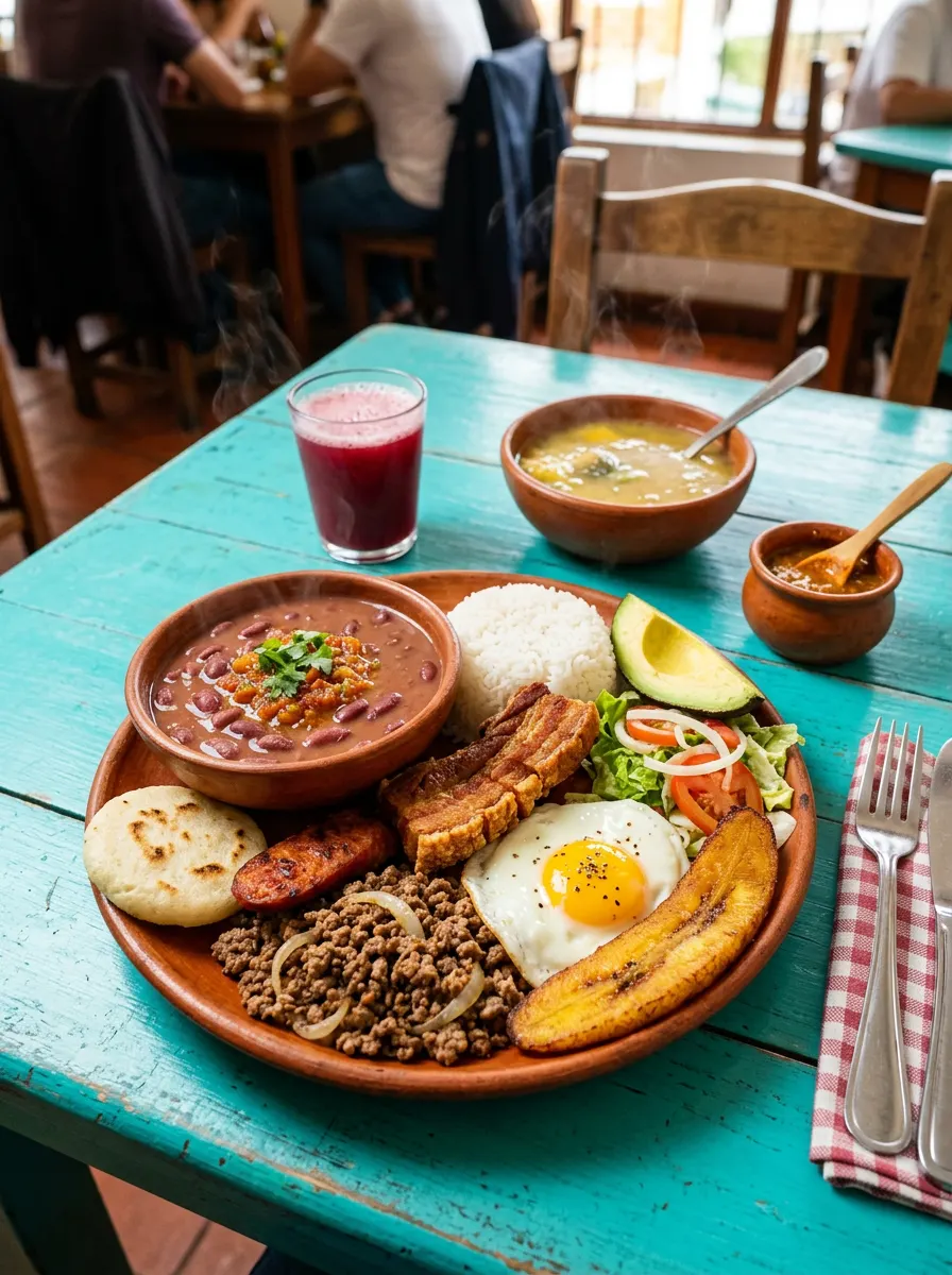 Almuerzo corriente colombiano sobre mesa turquesa